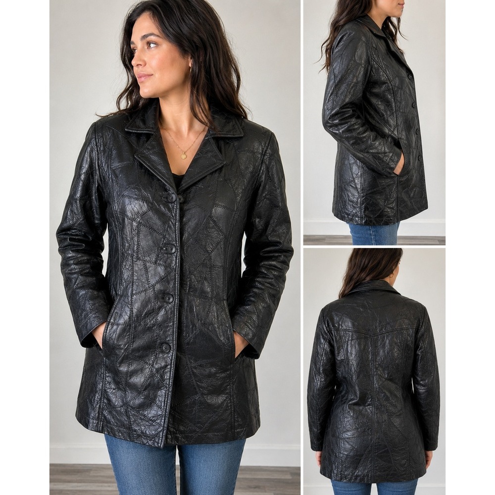 Leather King Jacket Women Fits XL Black Patchwork Biker Moto Grunge Punk 90s Y2K